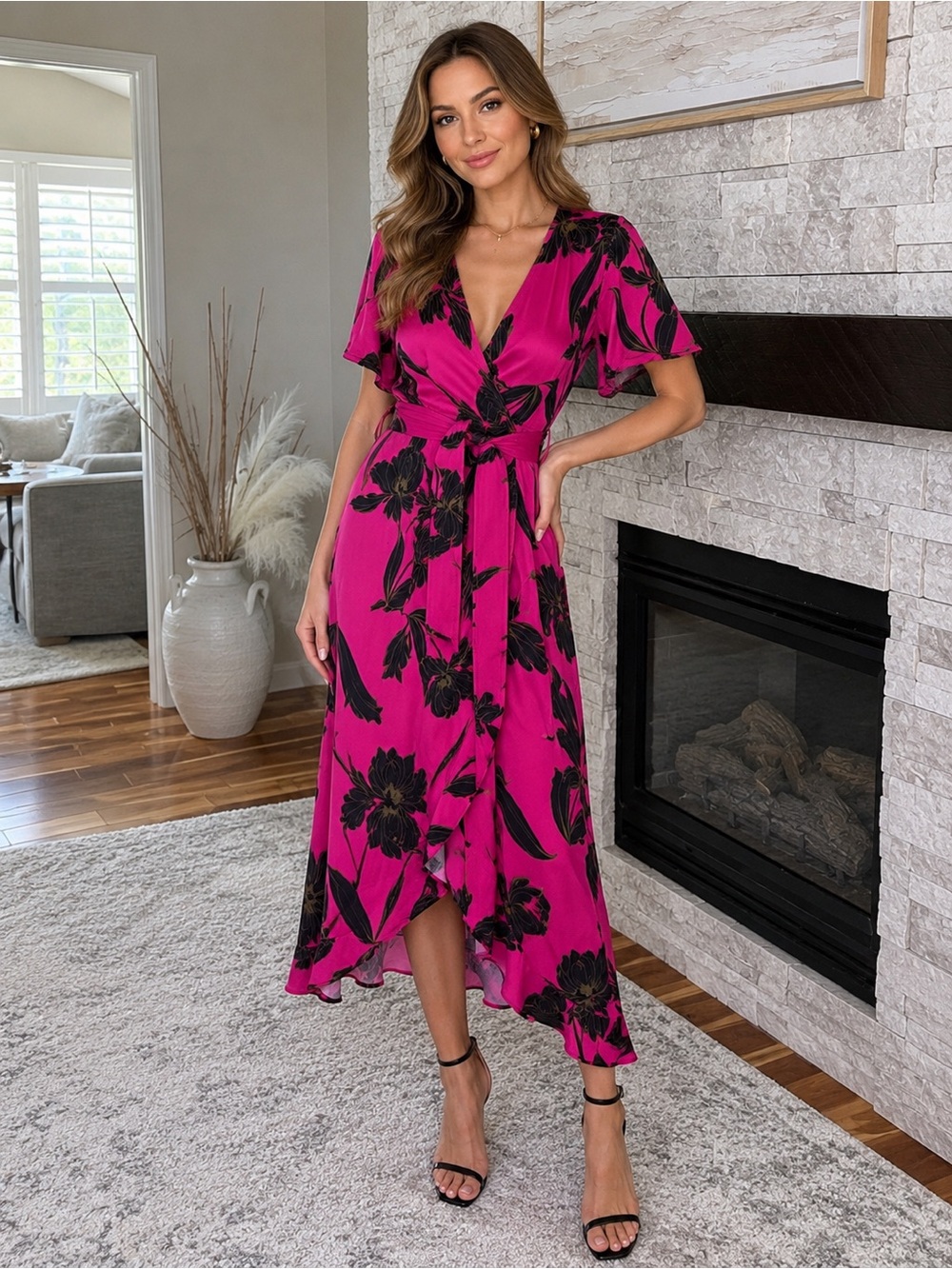 A.L.C. Cora Silk Floral Wrap Midi Dress Pink Black Size 2